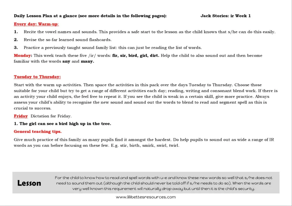 IR week 1 lesson plan: daily warm-up, Monday words fir, sir, bird, girl, dirt, plus any and many, and a Friday dictation