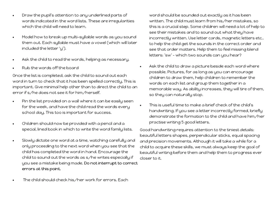Teaching notes on sounding out multi-syllable words, dictating word lists, checking errors and short handwriting checks