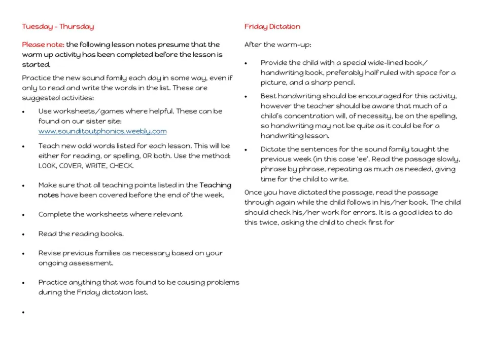 Tuesday to Thursday activity suggestions such as look, cover, write, check, and Friday dictation steps