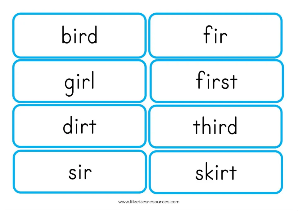 IR word flashcards for reading practice: bird, fir, girl, first, dirt, third, sir and skirt in large print