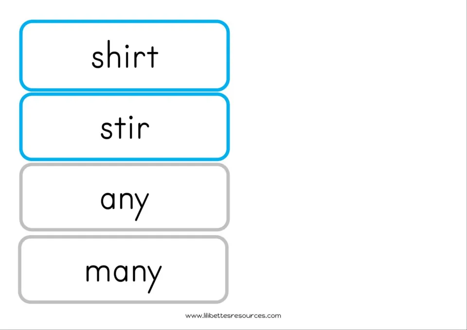 More ir word flashcards, shirt and stir, with separate cards for the tricky words any and many to learn by sight