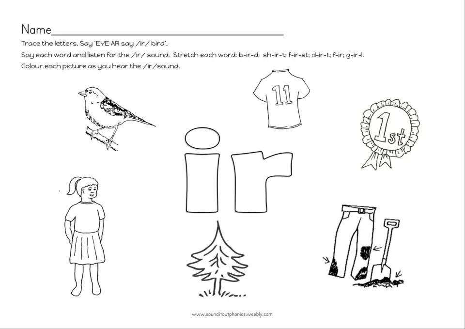 IR sound picture page: students trace ir, stretch words such as b-ir-d and colour the bird, shirt, girl, fir tree and dirt