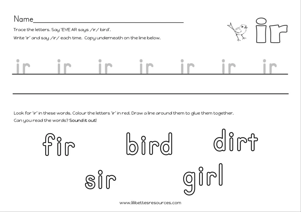 IR letter tracing and copying, then students colour ir in red in the words fir, bird, dirt, sir and girl to read them