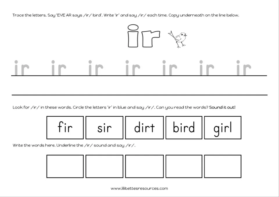 Tracing ir, then students circle ir in blue in fir, sir, dirt, bird and girl, write each word and underline the /ir/ sound