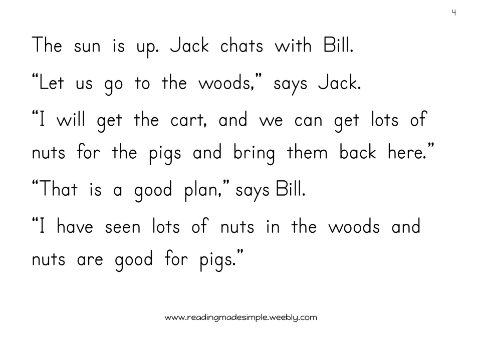 Story page 4: Jack and Bill plan to take a cart to the woods and bring back nuts for their pigs