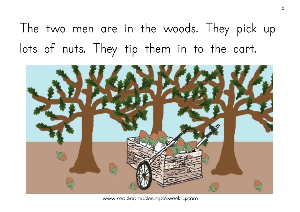 Story page 6: Jack and Bill pick up nuts and tip them into the cart, shown filled with nuts in the woods