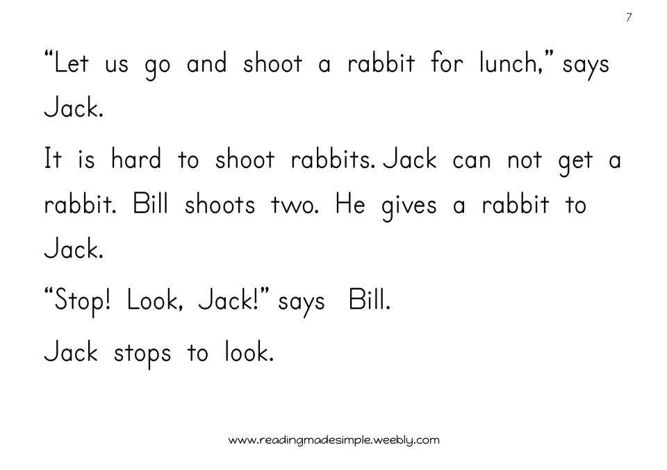 Story page 7: Bill shoots two rabbits and gives one to Jack, then tells Jack to stop and look
