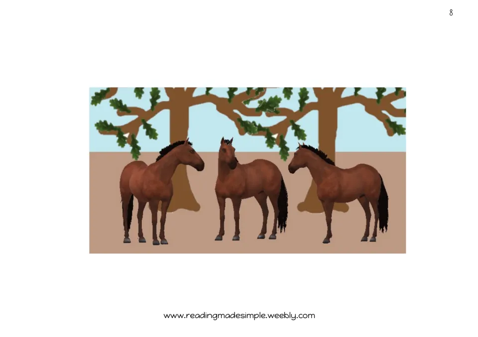 Story illustration page 8: three brown horses stand among trees, showing what Jack and Bill discover