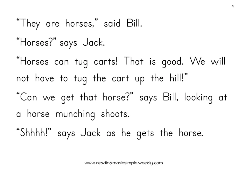 Story page 9: Jack says horses can tug carts uphill, and he gets a horse that is munching shoots