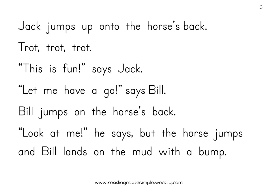 Story page 10: Jack rides the horse, then Bill takes a turn and lands in the mud when the horse jumps