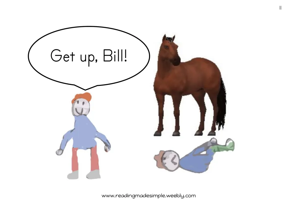 Story illustration page 11: Jack says 'Get up, Bill!' as Bill lies on the ground beside the horse