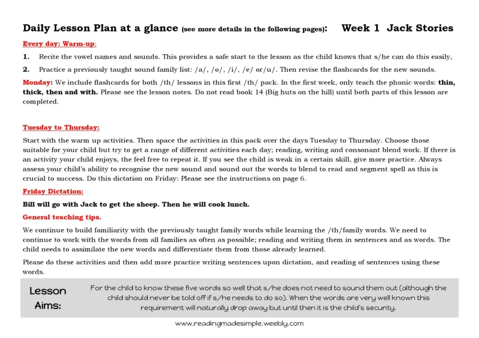 Week 1 /th/ lesson plan at a glance: daily warm-up, Monday flashcards for thin, thick, then, with, and a Friday dictation