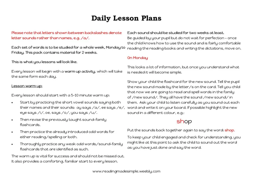 Daily lesson plan notes: the 5-10 minute vowel and flashcard warm-up, then Monday steps for teaching a new sound, e.g. shop