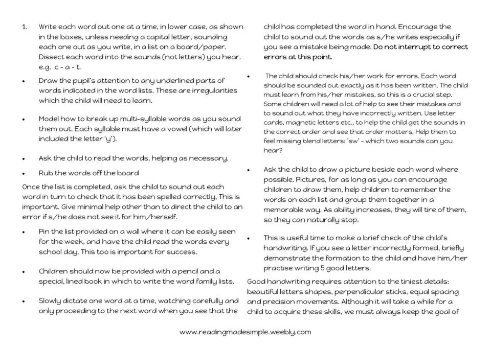 Teaching notes on writing word lists: sounding out, syllables, dictating words, self-checking errors and handwriting checks