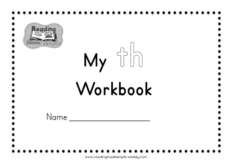 My th Workbook cover from Reading Made Simple, with outlined th letters to colour and a line for the student's name