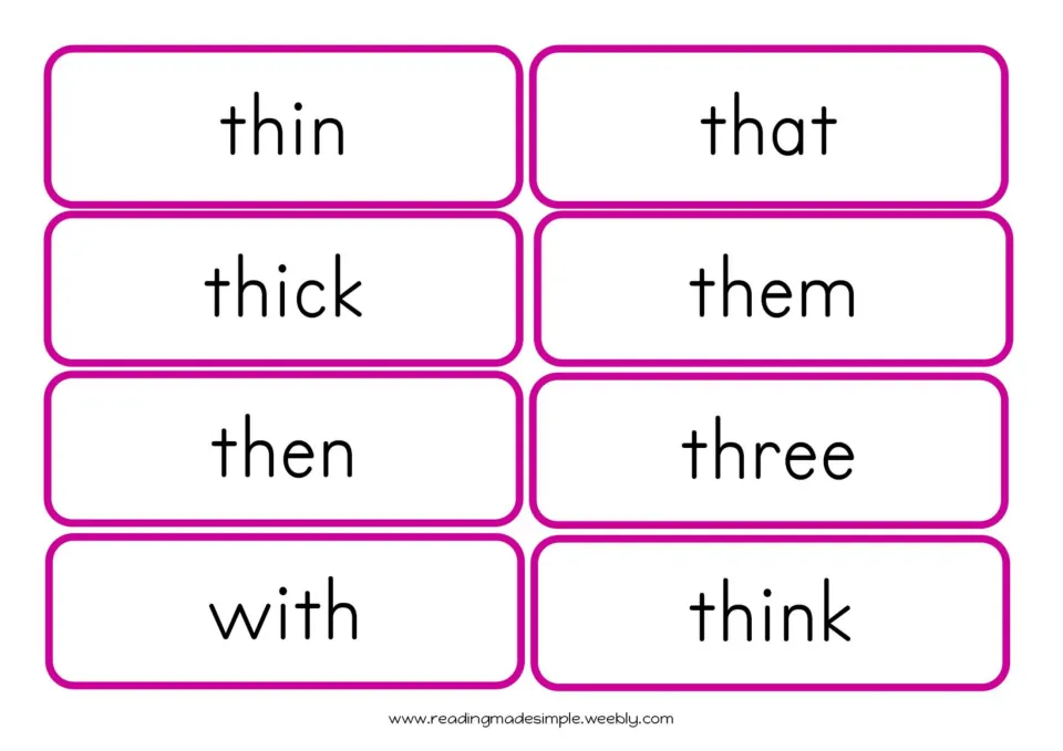 th word flashcards for reading practice: thin, thick, then, with, that, them, three and think, printed in large type