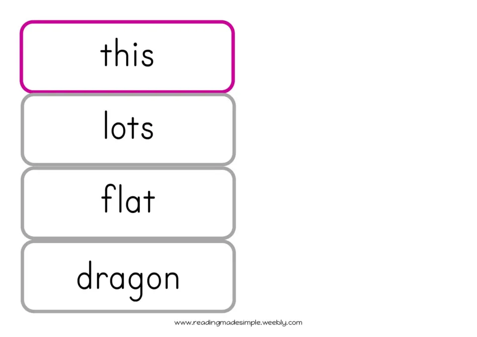 Word flashcards continued: this, a th word, plus the non-th words lots, flat and dragon for reading practice