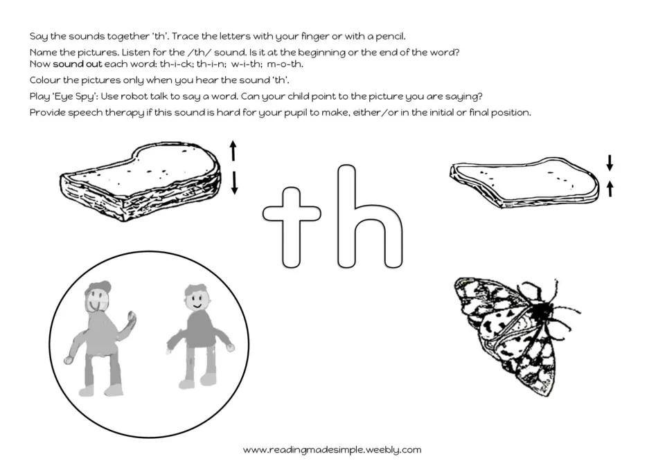th picture page: students trace th, name thick and thin bread, two people and a moth, and colour pictures with the th sound