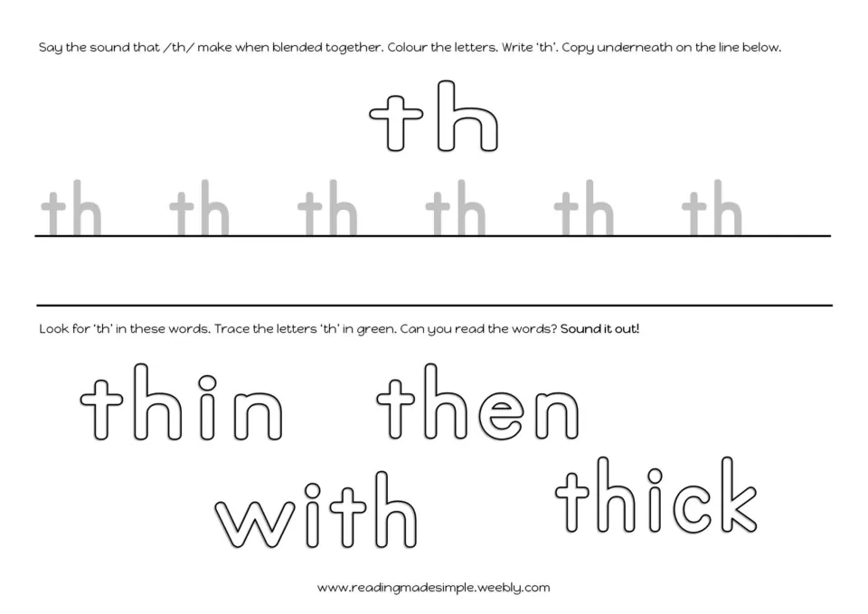 th letter practice: students colour and trace th, copy it, then trace th in green in thin, then, with and thick