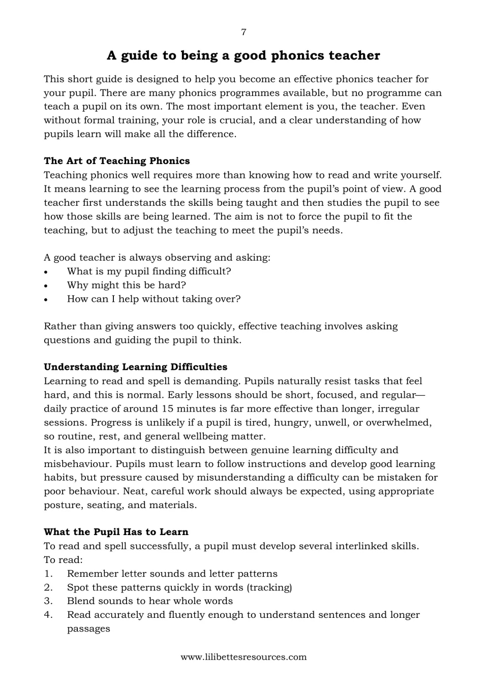 Guide to being a good phonics teacher: observing pupils, daily lessons, learning difficulties and four reading skills