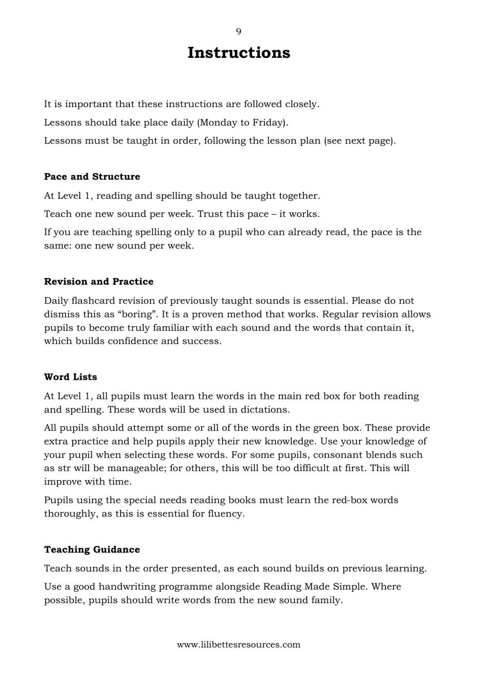 Instructions on teaching one new sound per week, daily flashcard revision, red and green box word lists and sound order