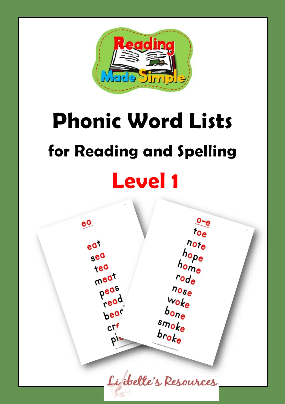 Phonic Word Lists for Reading and Spelling, Level 1 cover from Reading Made Simple, previewing ea and o-e word pages