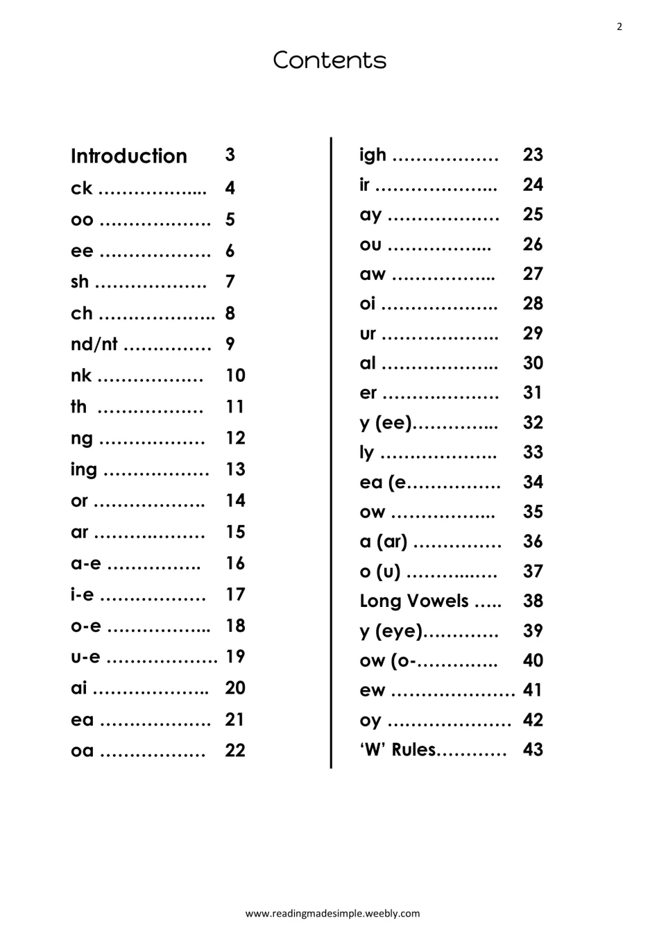 Contents listing each sound family with its page, from ck, oo and ee through ay, ou and oy to Long Vowels and 'W' Rules