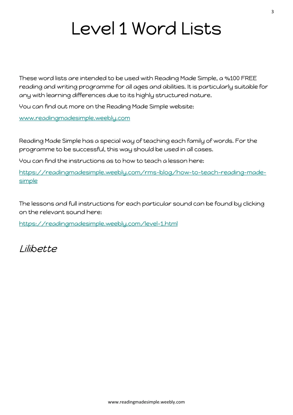 Level 1 Word Lists introduction: explains use with the Reading Made Simple programme and links to lesson instructions