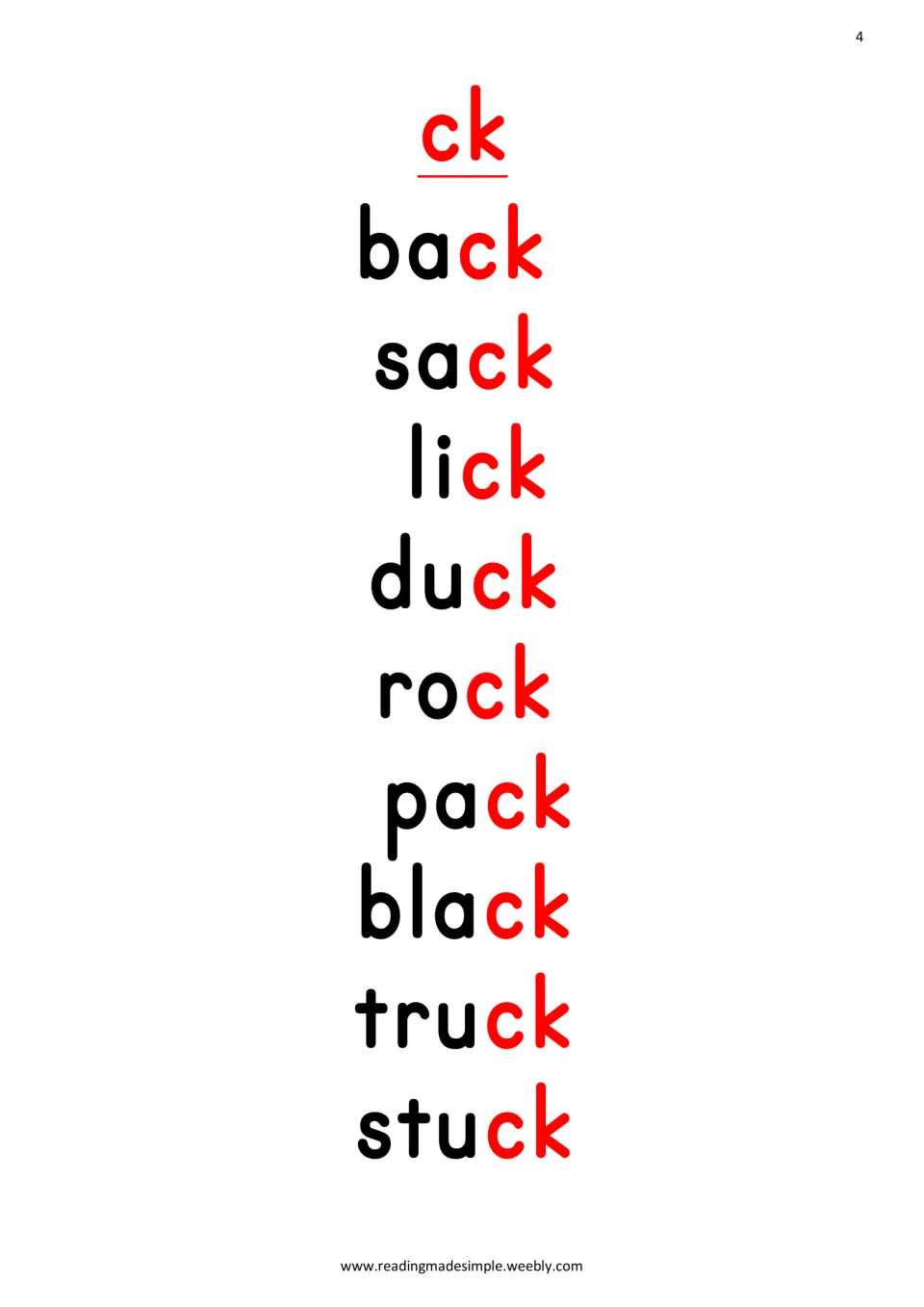ck word list: students read back, sack, lick, duck, rock, pack, black, truck and stuck, with the ck ending shown in red