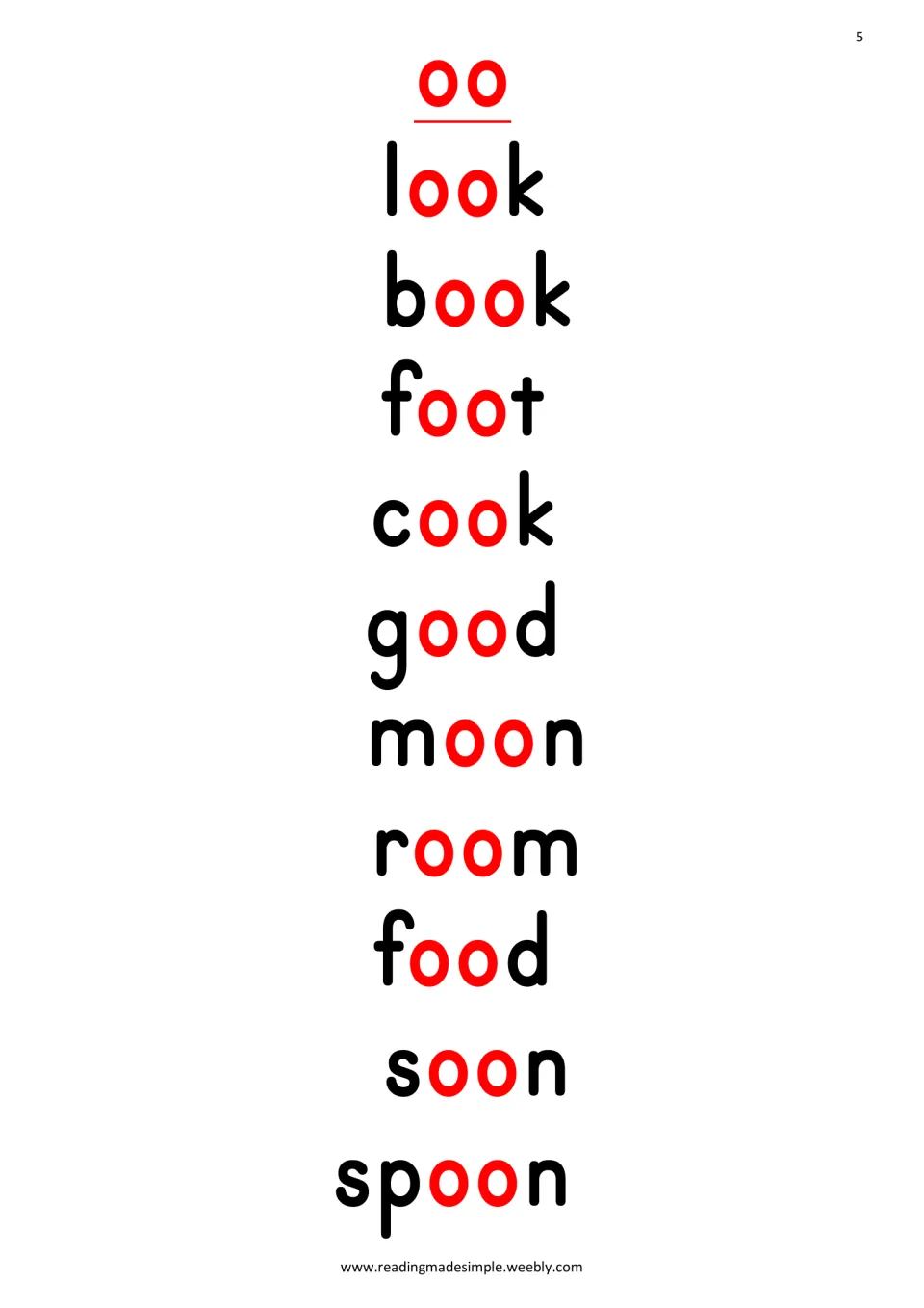 oo word list: students read look, book, foot, cook, good, moon, room, food, soon and spoon, with each oo in red
