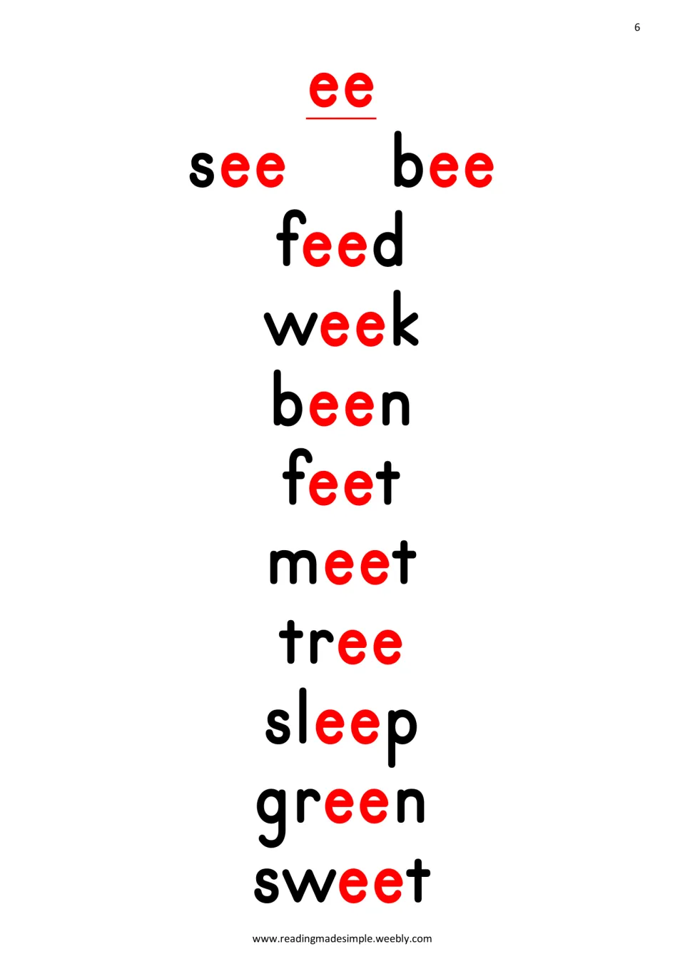 ee word list: students read see, bee, feed, week, been, feet, meet, tree, sleep, green and sweet, with ee in red