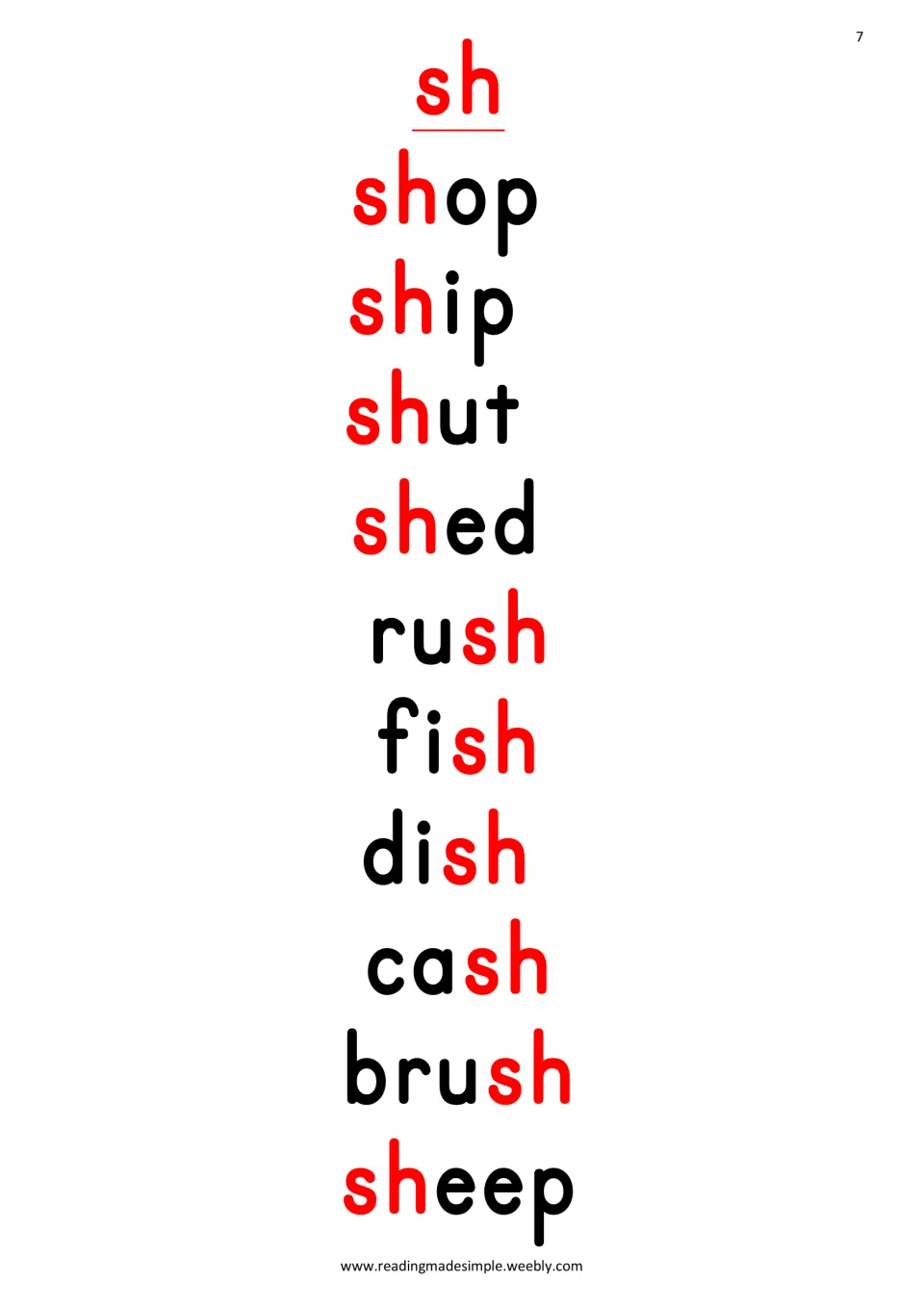 sh digraph list: students read shop, ship, shut, shed, rush, fish, dish, cash, brush and sheep, with sh in red