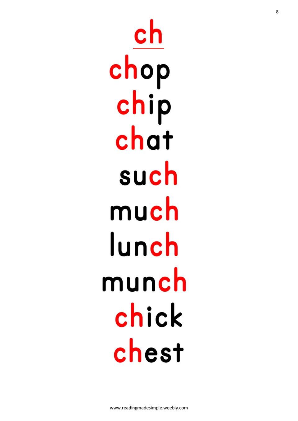 ch digraph list: students read chop, chip, chat, such, much, lunch, munch, chick and chest, with every ch marked in red
