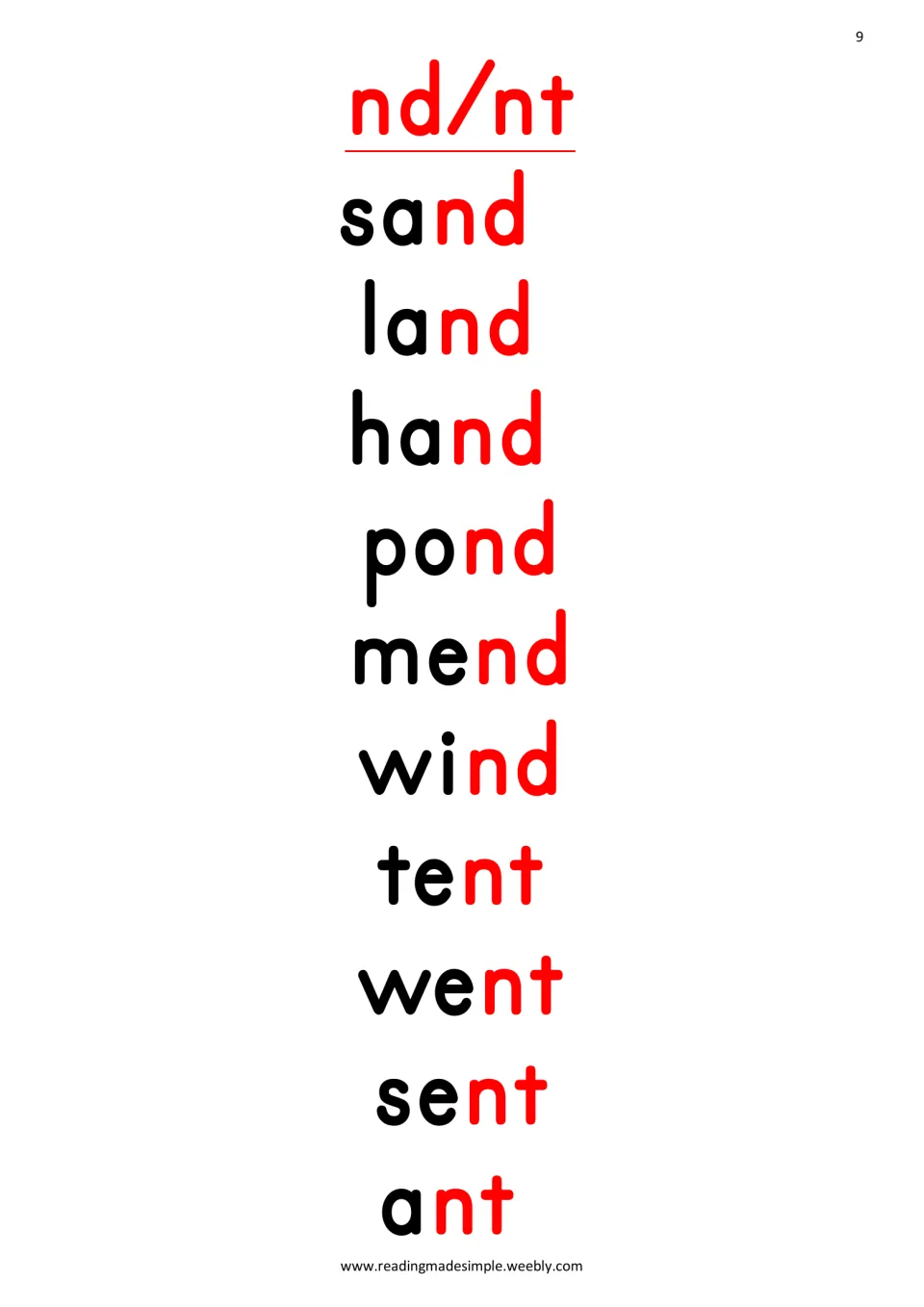 nd/nt word list: students read sand, land, hand, pond, mend, wind, tent, went, sent and ant, with the ending in red