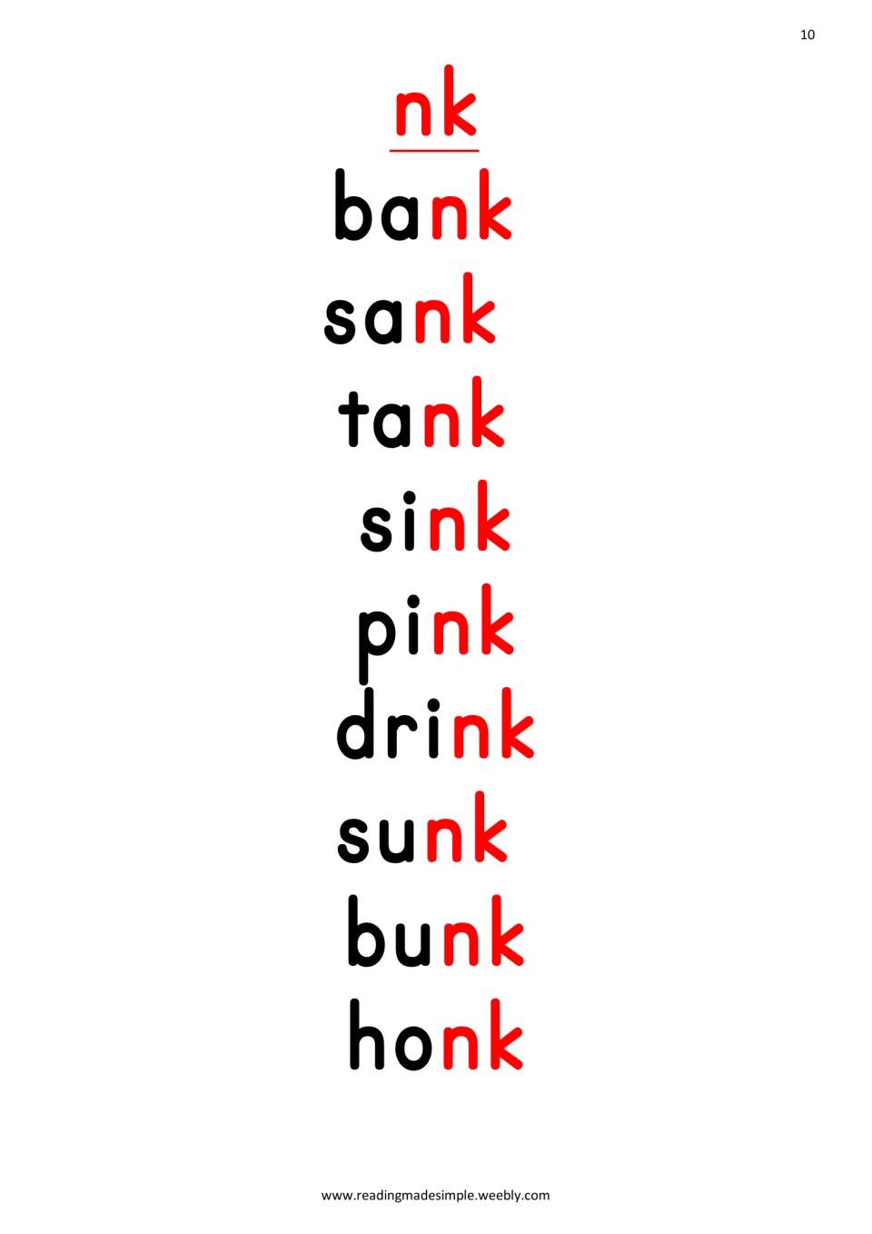 nk ending list: students read bank, sank, tank, sink, pink, drink, sunk, bunk and honk, with each nk in red