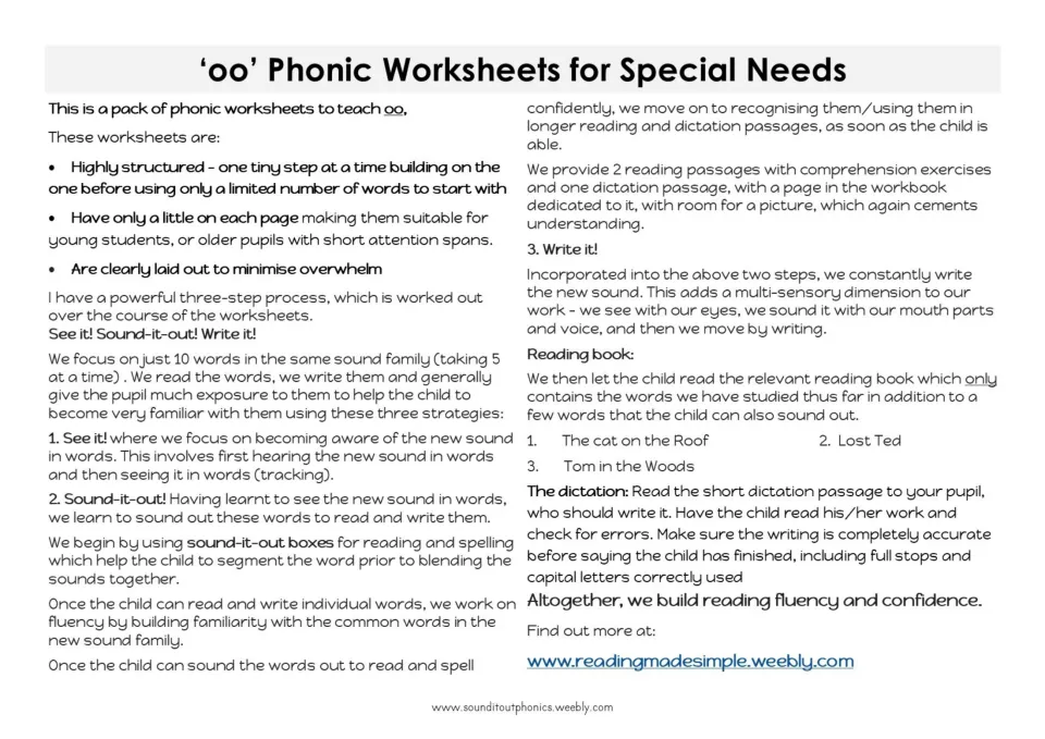 'oo' phonic pack overview: the See it, Sound-it-out, Write it method, reading passages, dictation and reading books