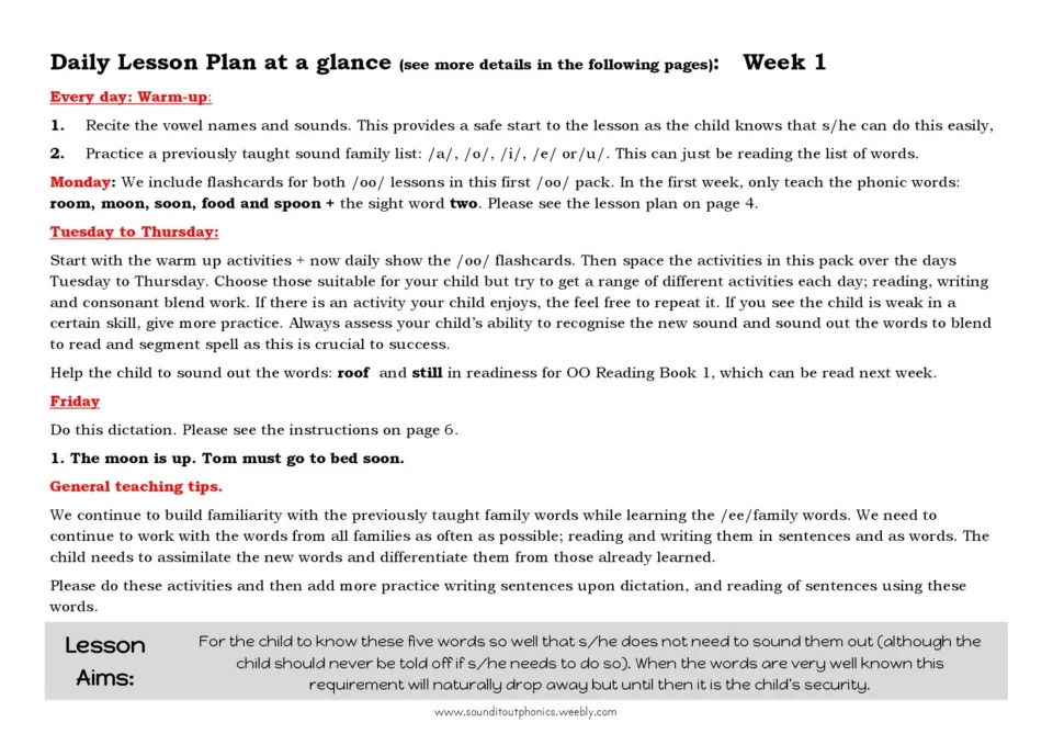Week 1 /oo/ lesson plan at a glance: daily warm-up, Monday words room, moon, soon, food, spoon, and Friday dictation