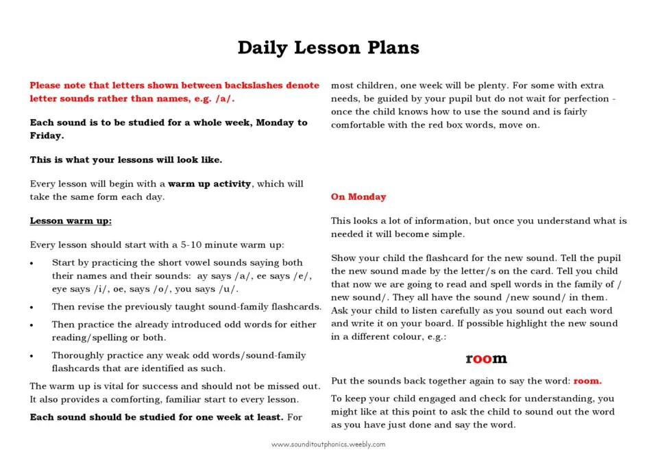 Daily lesson plans: 5-10 minute vowel sound warm-up, then Monday steps to introduce a new sound, modeled with 'room'