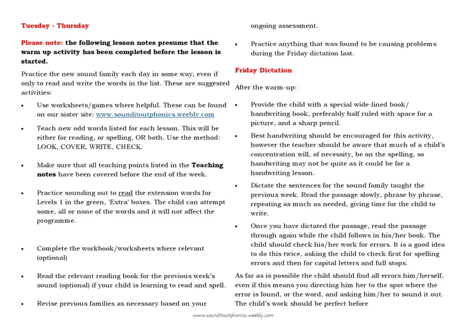 Tuesday to Thursday practice ideas, including LOOK, COVER, WRITE, CHECK, plus Friday dictation and error checking