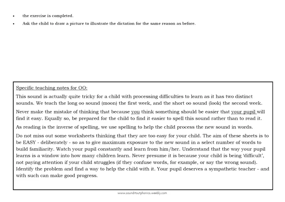 Teaching notes for OO: long oo (moon) taught in week one, short oo (look) in week two, plus tips for pupils who struggle