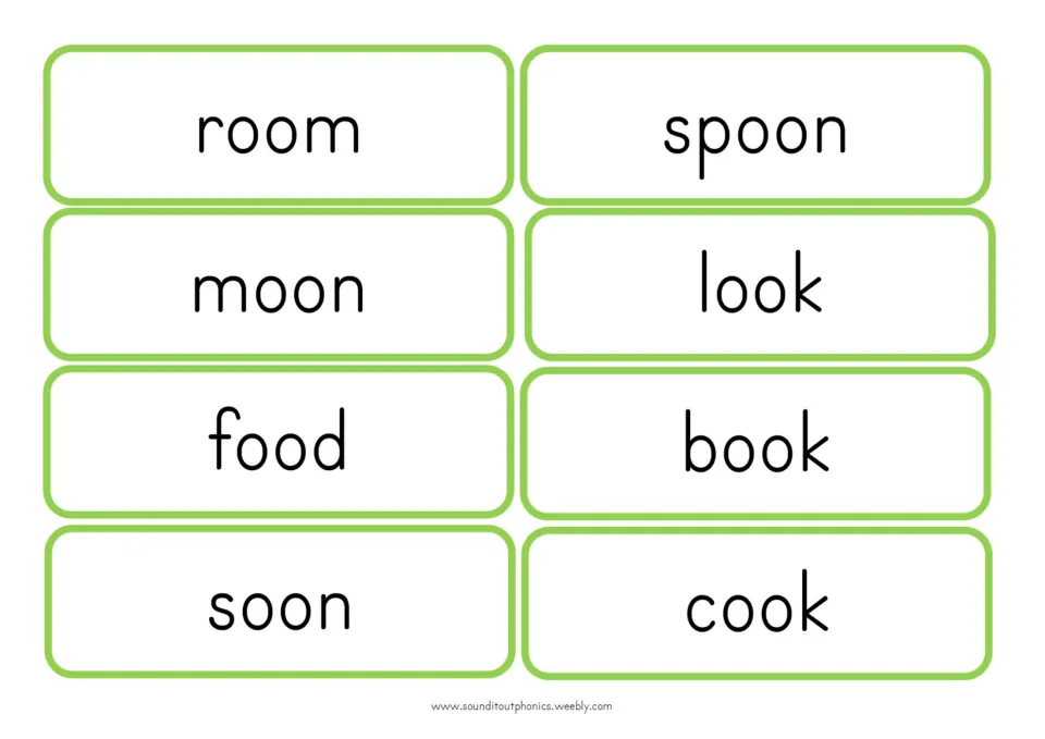 /oo/ word flashcards: room, moon, food, soon, spoon, look, book and cook, one word per card for reading practice