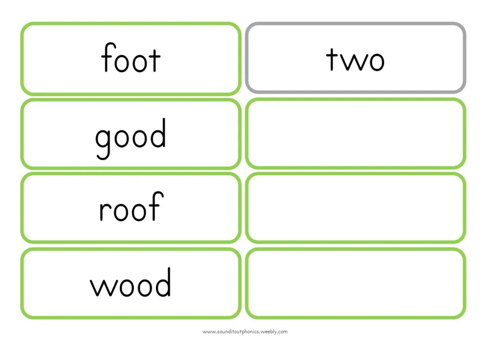 More oo flashcards: foot, good, roof and wood, plus the sight word two on a grey card and three blank cards to fill in