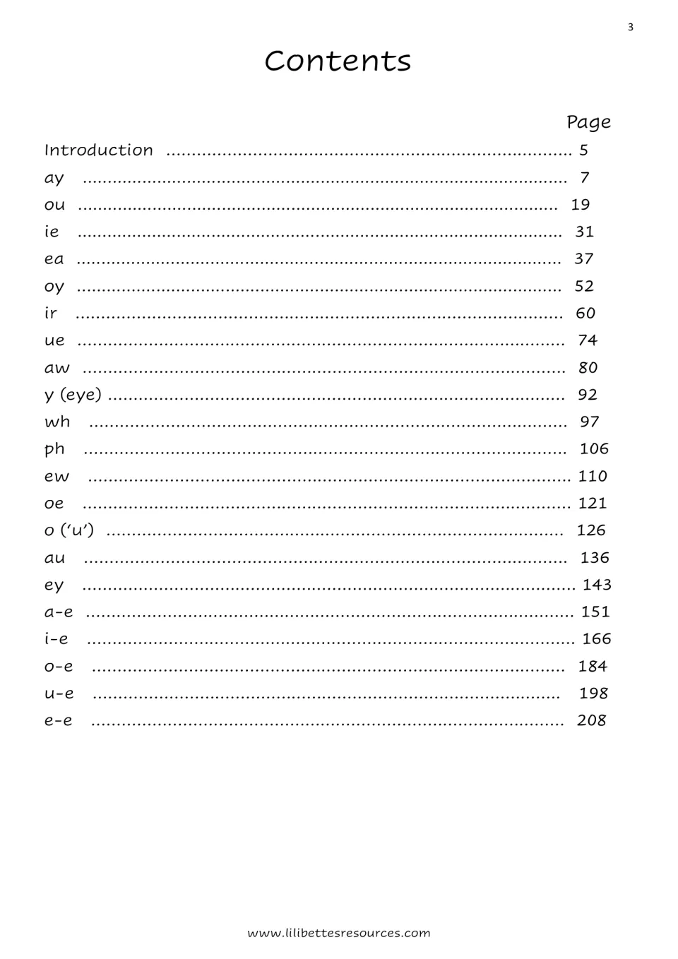 Contents list of sounds with page numbers, from ay, ou, ie and ea through to a-e, i-e, o-e, u-e and e-e