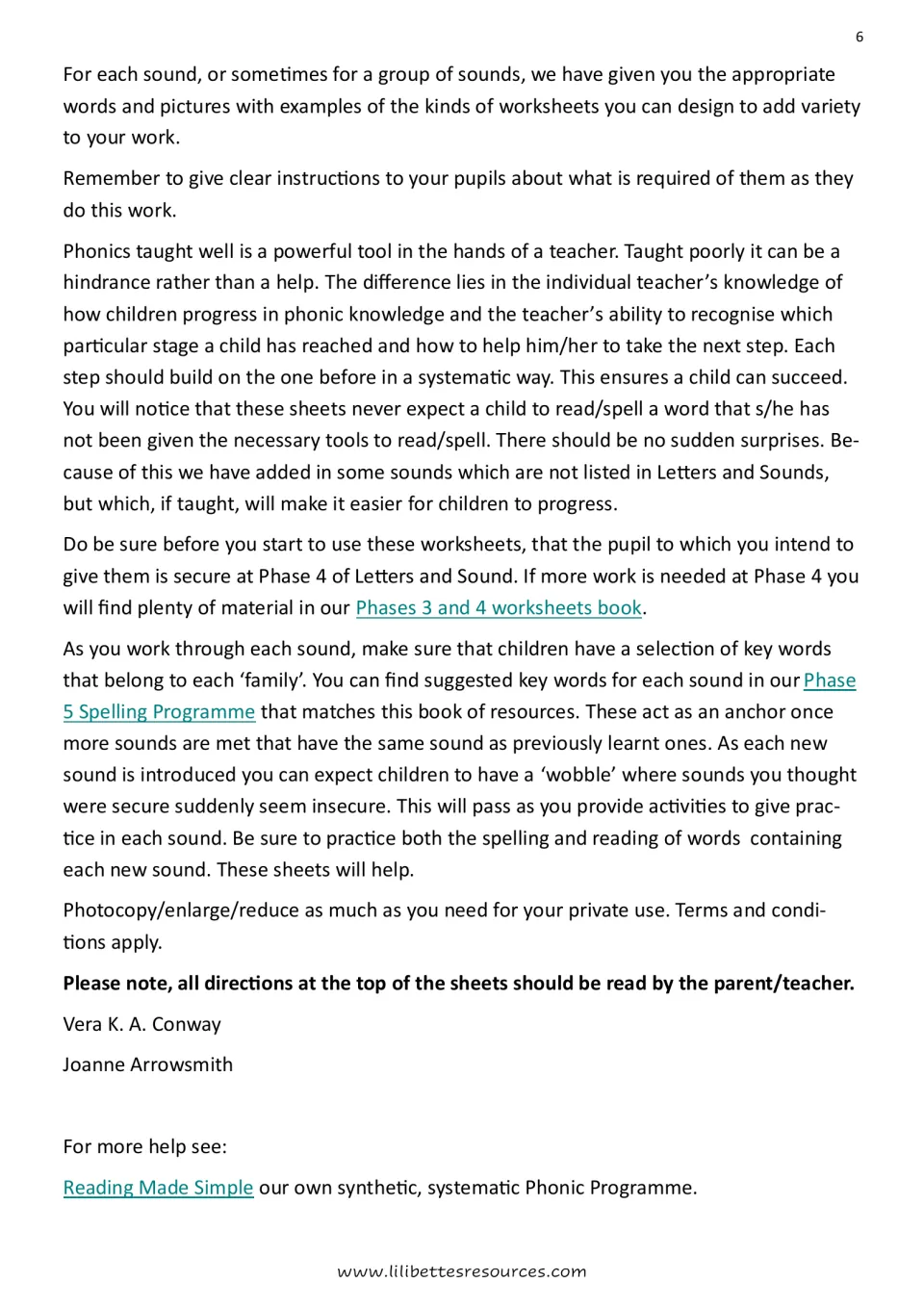 Teacher notes continued: check pupils are secure at Phase 4, build key word families, and adults read sheet directions