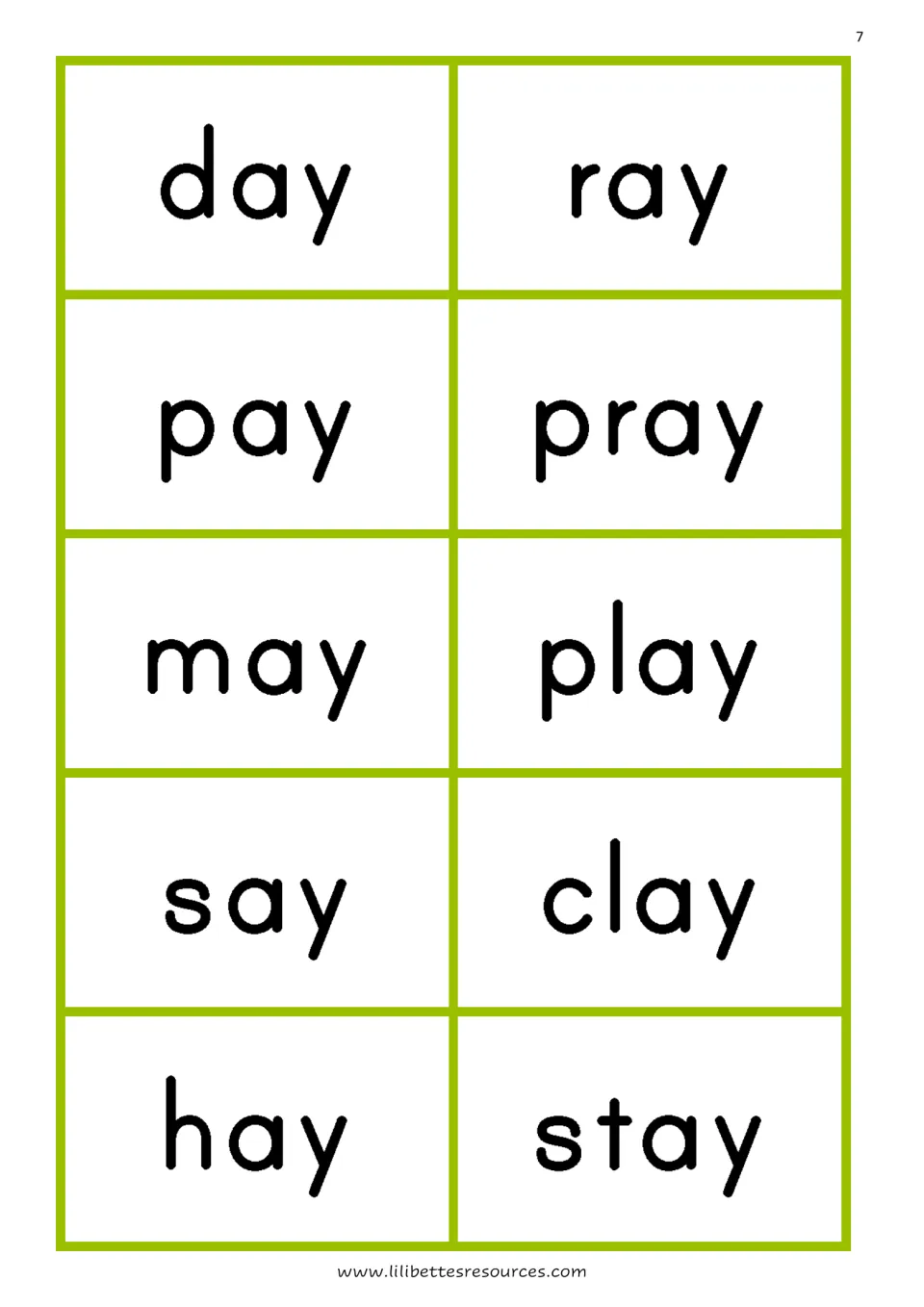 ay word cards for reading practice: day, ray, pay, pray, may, play, say, clay, hay and stay printed in large letters