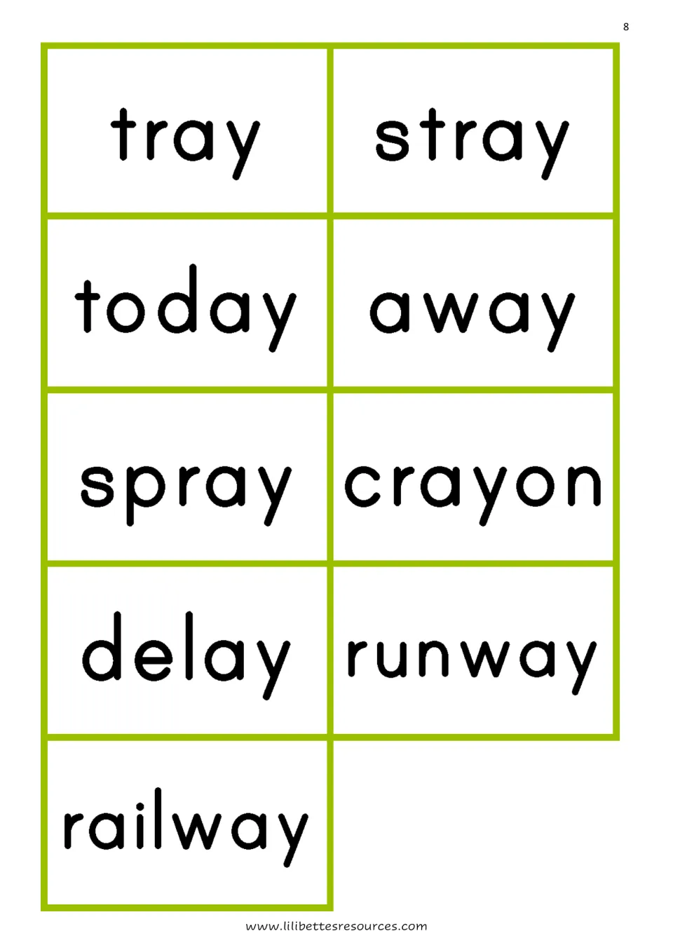 More ay word cards with longer words: tray, stray, today, away, spray, crayon, delay, runway and railway