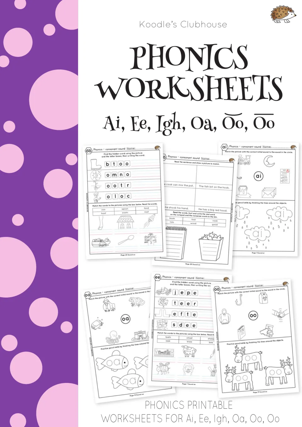 Phonics worksheets cover for ai, ee, igh, oa and oo sounds, showing sample matching, tracing and hidden-word pages