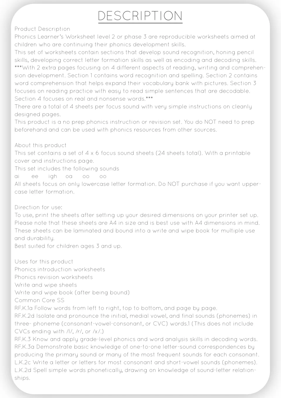 Product description listing the 24 sheets, six focus sounds, printing directions and Common Core reading codes