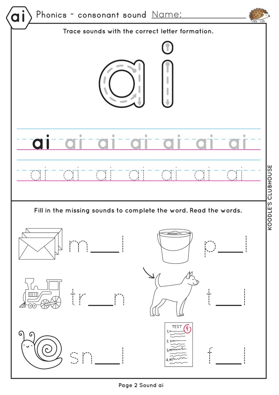 ai letter formation: students trace ai, then fill in missing letters for mail, pail, train, tail, snail and fail