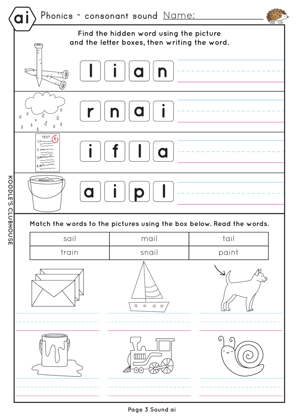 ai word unscramble: students build nail, rain, fail and pail from letter tiles, then label six pictures from a word bank
